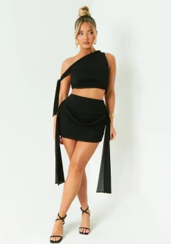 The Party Edit|Tops*Missy Empire Diana Black One Shoulder Tie Detail Mesh Crop Top