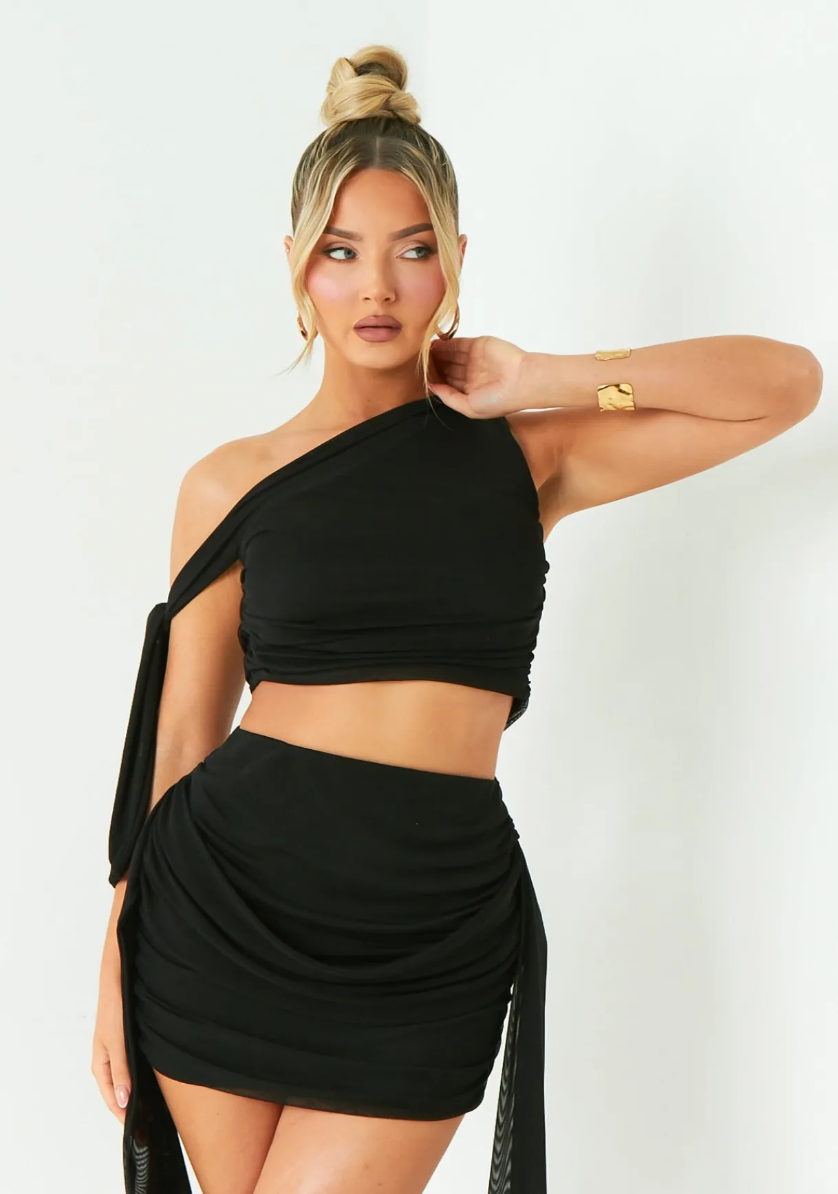 The Party Edit|Tops*Missy Empire Diana Black One Shoulder Tie Detail Mesh Crop Top