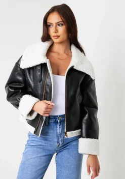 Coats & Jackets*Missy Empire Dixie Black Faux Leather Aviator Jacket With Faux Fur Trim