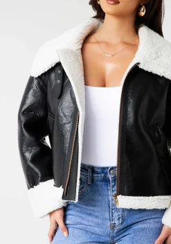 Coats & Jackets*Missy Empire Dixie Black Faux Leather Aviator Jacket With Faux Fur Trim