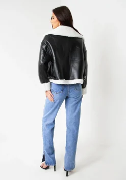 Coats & Jackets*Missy Empire Dixie Black Faux Leather Aviator Jacket With Faux Fur Trim