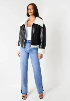 Coats & Jackets*Missy Empire Dixie Black Faux Leather Aviator Jacket With Faux Fur Trim