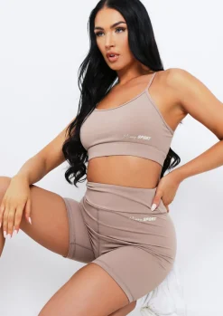Gym Tops|Activewear*Missy Empire Eleanor Missy Sport Strappy Crop Gym Top Mocha