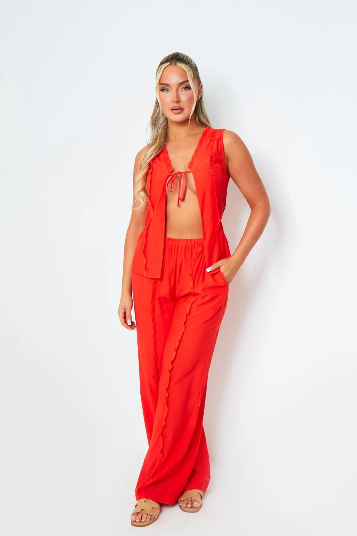 Tops|Co-Ords*Missy Empire Eleanor Orange Lace Up Front Frill Detail Halterneck Top