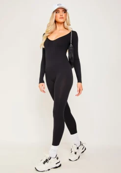 Airport Vibin'|Seamless & Shapewear*Missy Empire Eli Plunge Ribbed Seamless Long Sleeve Jumpsuit Black