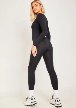 Airport Vibin'|Seamless & Shapewear*Missy Empire Eli Plunge Ribbed Seamless Long Sleeve Jumpsuit Black