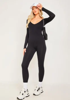 Airport Vibin'|Seamless & Shapewear*Missy Empire Eli Plunge Ribbed Seamless Long Sleeve Jumpsuit Black