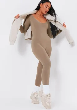 Airport Vibin'|Seamless & Shapewear*Missy Empire Eli Plunge Ribbed Seamless Long Sleeve Jumpsuit Olive