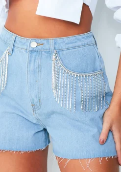 Rave Outfits|Concert Outfits*Missy Empire Elise Light Blue Diamante Tassel Pocket Shorts