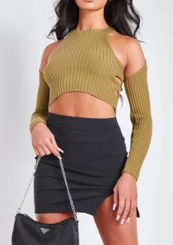 Rave Outfits|Concert Outfits*Missy Empire Elissa Khaki Ribbed Knit Crop Cut Out Top With Bolero