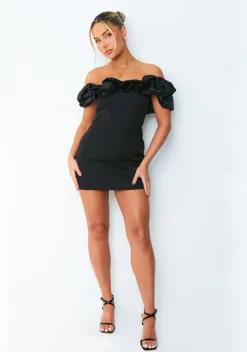 Little Black Dresses|Mini Dresses*Missy Empire Ella Black Bardot Off Shoulder Frill Mini Dress