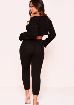 Airport Vibin'|Co-Ords*Missy Empire Ella Knit Cropped Loungewear Set Black