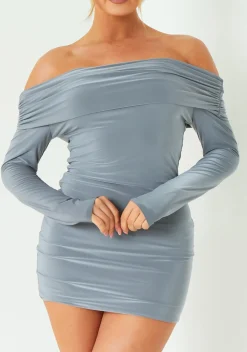 Mini Dresses|Party Dresses*Missy Empire Elle Charcoal Fold Down Long Sleeve Bardot Dress