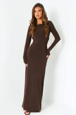 The Party Edit|Maxi Dresses*Missy Empire Ellen Chocolate Cut Out Back Slinky Maxi Dress