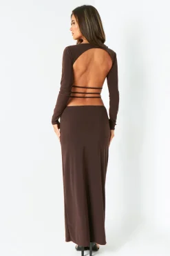 The Party Edit|Maxi Dresses*Missy Empire Ellen Chocolate Cut Out Back Slinky Maxi Dress