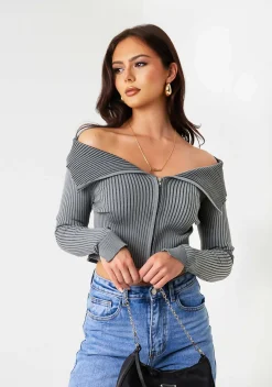 Tops*Missy Empire Elora Grey Knit Folded Zip Through Top