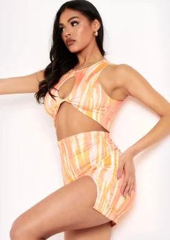 Tops|Co-Ords*Missy Empire Emilia Stripe Print High Neck Cut Out Crop Top Orange