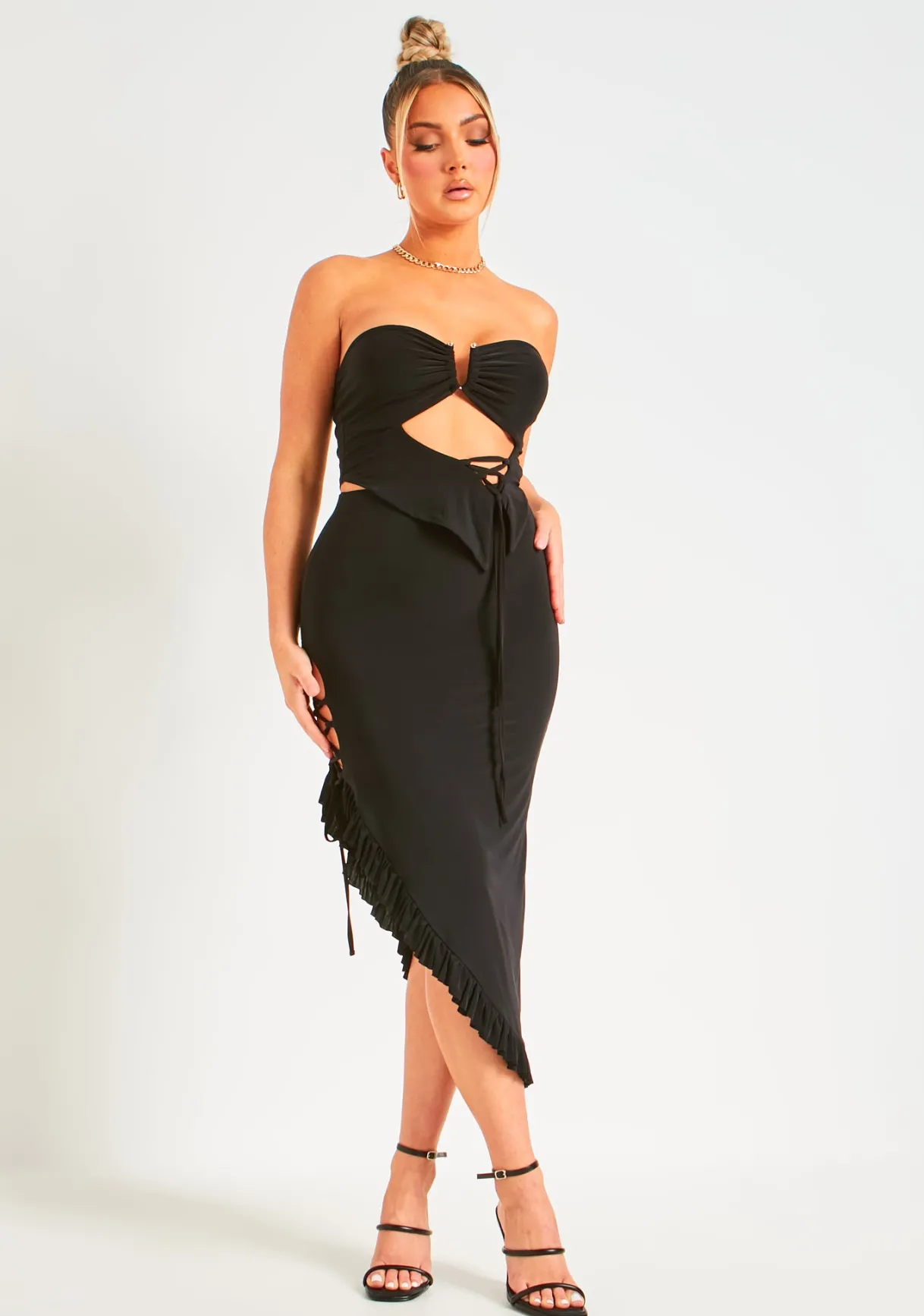 Tops|Co-Ords*Missy Empire Emilie Black Slinky Lace Up Detail Bandeau Crop Top