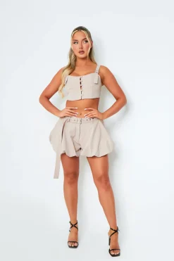 Shorts|Co-Ords*Missy Empire Emily Beige Belted Pleated Mini Shorts