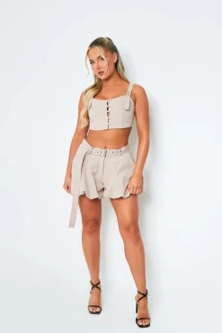 Shorts|Co-Ords*Missy Empire Emily Beige Belted Pleated Mini Shorts
