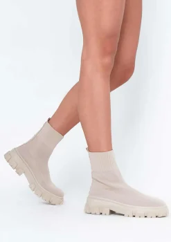 Boots|Rave Outfits*Missy Empire Emma Beige Sock Ankle Boots