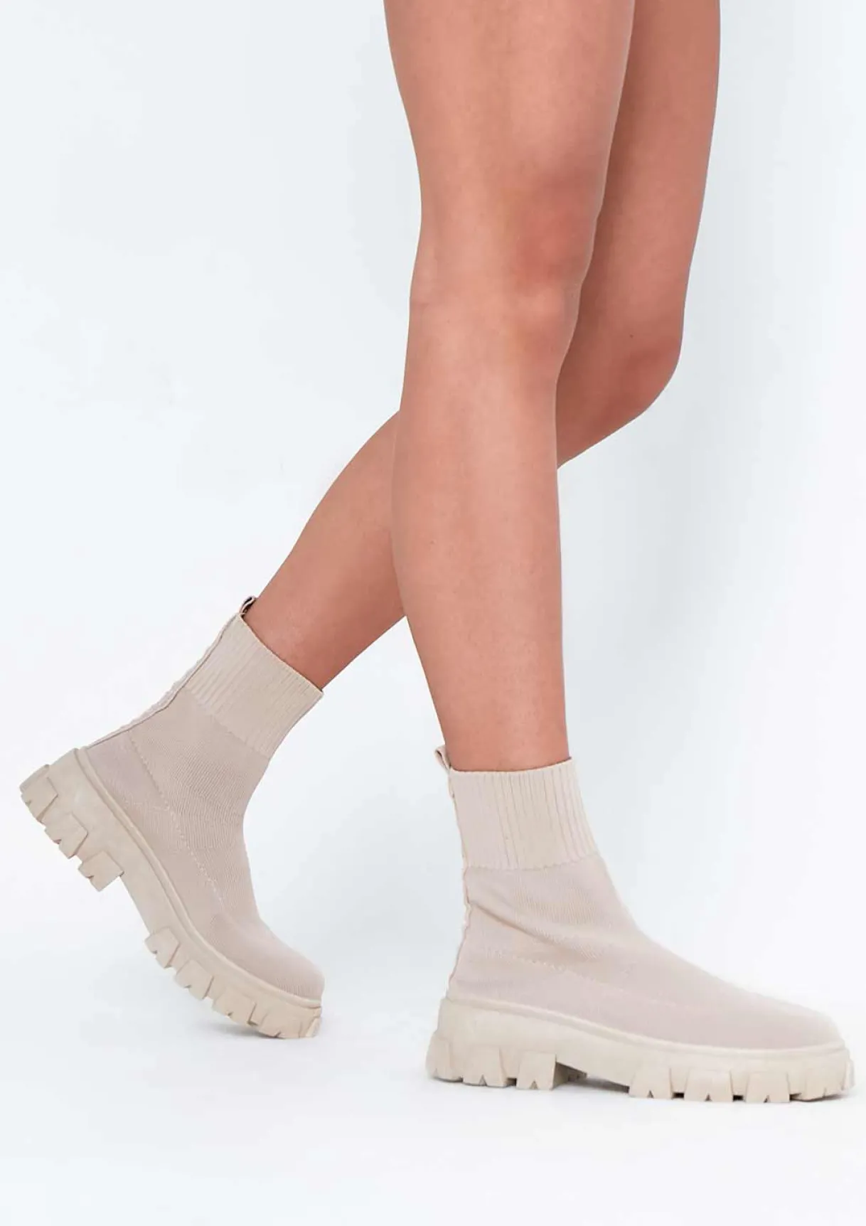 Boots|Rave Outfits*Missy Empire Emma Beige Sock Ankle Boots
