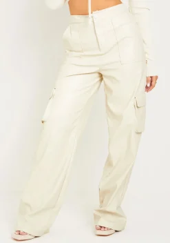 Concert Outfits|Trousers*Missy Empire Enya Cream PU Wide Leg Cargos