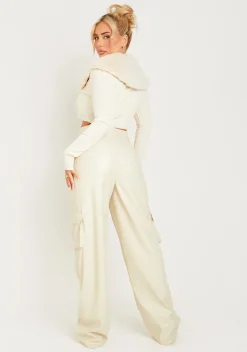 Concert Outfits|Trousers*Missy Empire Enya Cream PU Wide Leg Cargos