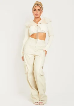Concert Outfits|Trousers*Missy Empire Enya Cream PU Wide Leg Cargos