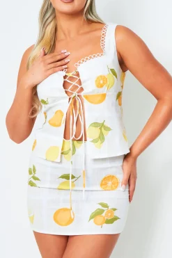 Tops|Co-Ords*Missy Empire Erin Lemon Print Lace Up Front Sleeveless Top