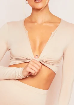 Tops*Missy Empire Esme Plunge Knot Crop Top Beige