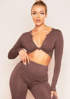 Tops*Missy Empire Esme Plunge Knot Crop Top Chocolate