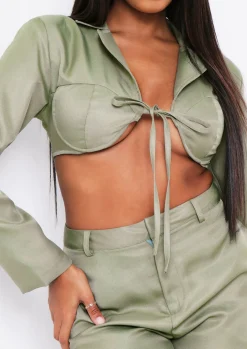 Co-Ords|Blazers*Missy Empire Everly Khaki Tie Front Bust Detail Cropped Blazer Co-ord