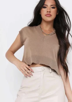 Tops|Knitwear*Missy Empire Ezra Mocha V Neck Wide Fit Cropped Knitted Vest