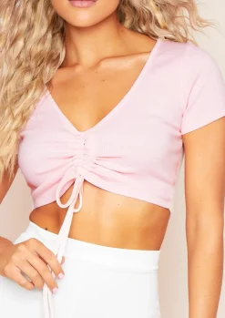 Airport Vibin'|Tops*Missy Empire Faith Ruched Tie Ribbed Crop Top Baby Pink
