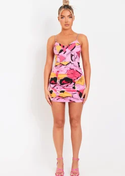 Rave Outfits|Mini Dresses*Missy Empire Fatima Pink Abstract Printed Ruched Chain Strap Mini Dress