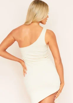 Knitted Dresses|Mini Dresses*Missy Empire Felixa Sand One Shoulder Ruched Mini Dress Beige
