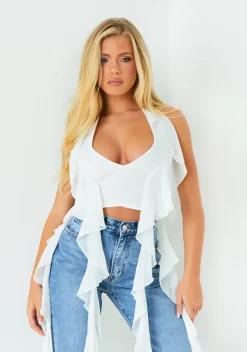Tops*Missy Empire Florence White Halter Frill Detail Top