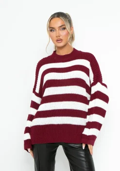 Airport Vibin'|Knitwear*Missy Empire Frankie Wine Oversized Stripe Chunky Knitted Jumper Red