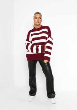 Airport Vibin'|Knitwear*Missy Empire Frankie Wine Oversized Stripe Chunky Knitted Jumper Red