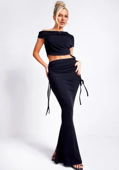 The Party Edit|Tops*Missy Empire Freya Black Off The Shoulder Ruched Crop Top