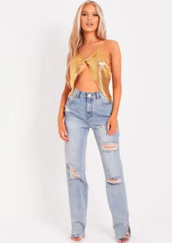 Rave Outfits|The Party Edit*Missy Empire Gemma Gold Twist Front Chainmail Top