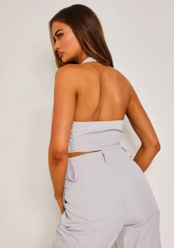 Tops|Co-Ords*Missy Empire Gemma Light Grey Tie Up Halter Neck Waistcoat