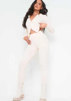 Airport Vibin'|Loungewear*Missy Empire Georga Ribbed Knit Zip Up Cardigan & Legging Co-ord Beige