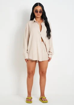 Airport Vibin'|Tops*Missy Empire Giana Linen Oversized Shirt Beige