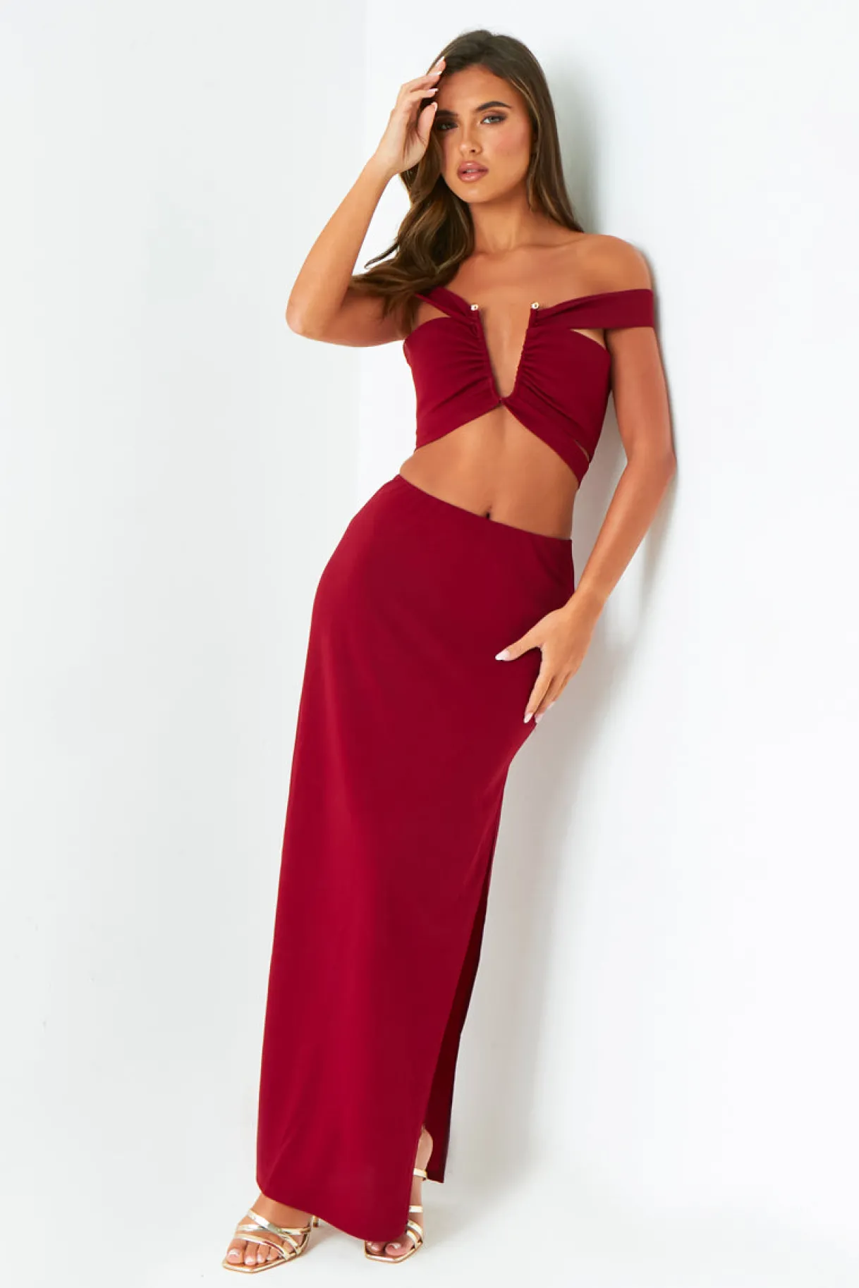 The Party Edit|Tops*Missy Empire Gigi Wine Plunge Cut Out Top With Gold Trim Red