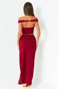 The Party Edit|Tops*Missy Empire Gigi Wine Plunge Cut Out Top With Gold Trim Red