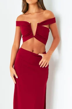 The Party Edit|Tops*Missy Empire Gigi Wine Plunge Cut Out Top With Gold Trim Red