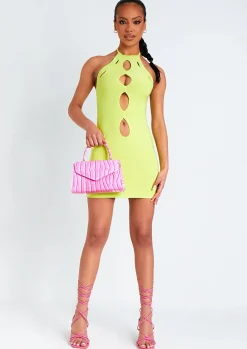 Rave Outfits|Mini Dresses*Missy Empire Giselle Lime Cut Out Halter Neck Double Layered Mini Dress Lime Green