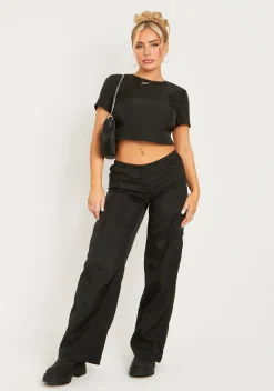 Rave Outfits|Concert Outfits*Missy Empire Grace Black Parachute Cargo Trousers